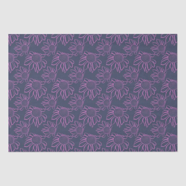 Pink Line Drawn Flower Pattern on Blue Tissue Paper (Front)