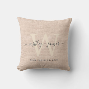 Pink Linen Grey Ivory Monogram Wedding Keepsake Throw Pillow