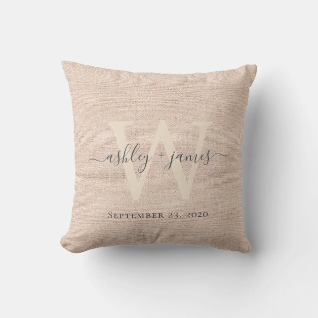 Pink Linen Grey Ivory Monogram Wedding Keepsake Throw Pillow (Front)