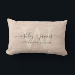 Pink Linen  Ivory Monogram Wedding Keepsake Lumbar Pillow<br><div class="desc">Elegant wedding keepsake pink woven linen effect pillow with your text in dark grey chic handwritten script calligraphy. Simply add your names, monogram and wedding date. Great gift for a newlywed couple. Exclusively designed for you by Happy Dolphin Studio. If you need any help or matching products, please contact us...</div>