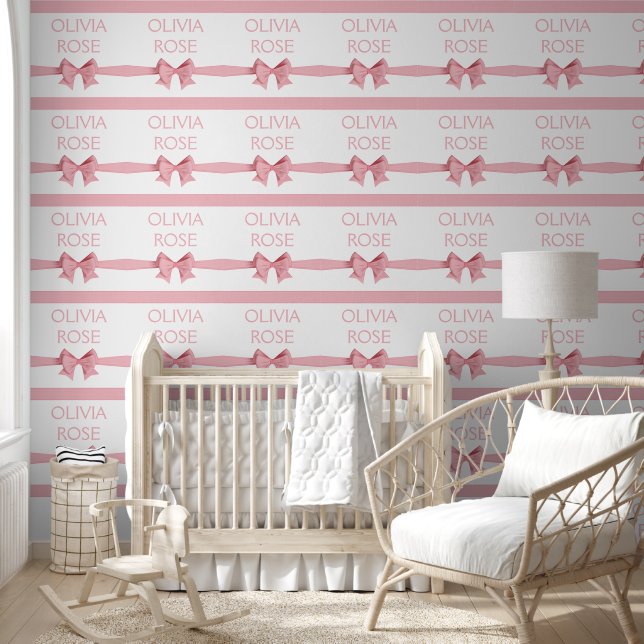 Pink Linen Ribbon Bows Baby Name Wallpaper (Kids)