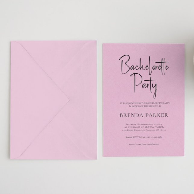 Pink Linen Simple Black Script Bachelorette Party Invitation (Creator Uploaded)
