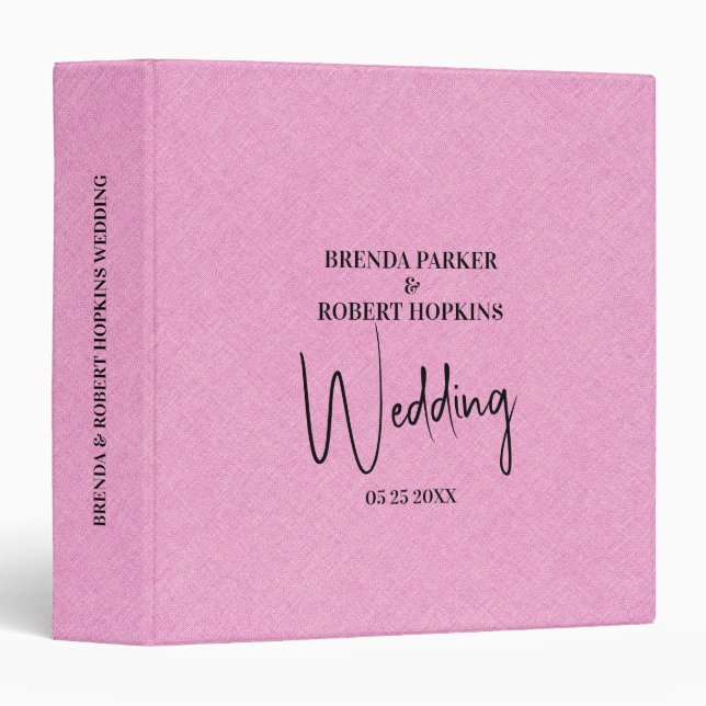 Pink linen Simple Black Script Wedding Invite Binder (Front/Spine)