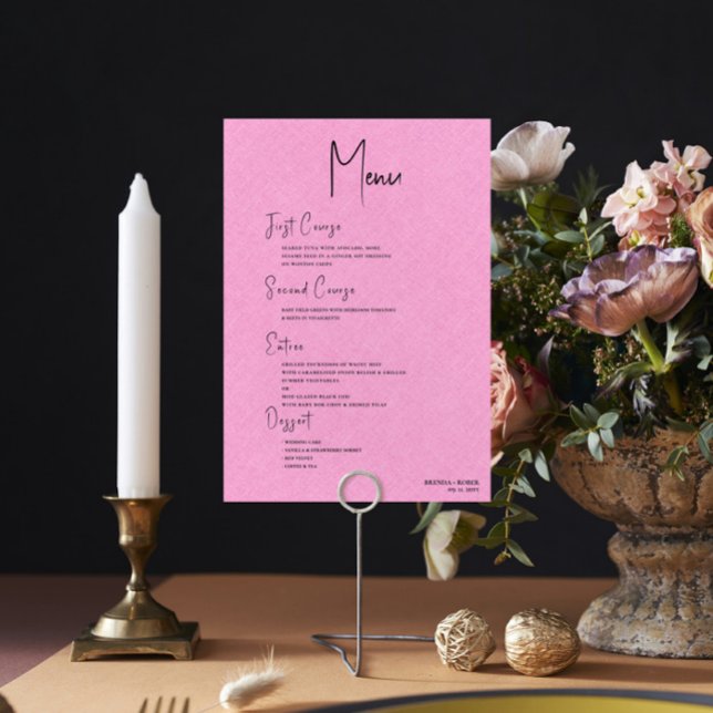 Pink Linen Simple Black Script Wedding Menu Invitation (Creator Uploaded)