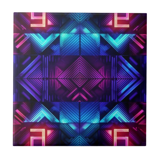 Pink-Linked Blue Geometric Ceramic Tile (Front)