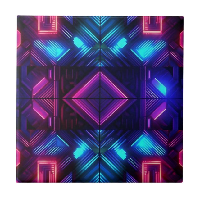 Pink-Linked Blue Geometric Ceramic Tile (Front)