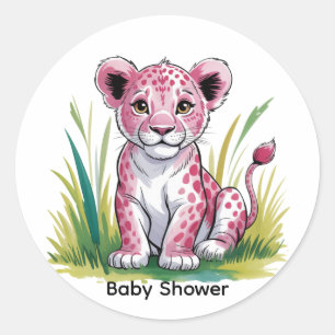 Pink Lion Girl Baby Shower Classic Round Sticker