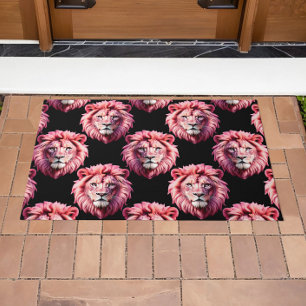 Pink Lion Head Animal Pattern Design - Black  Doormat