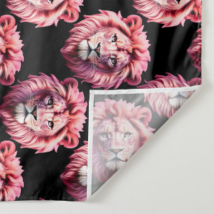 Pink Lion Head Animal Pattern Design - Black  Fabric