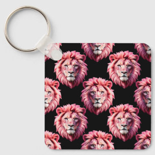 Pink Lion Head Animal Pattern Design - Black Keychain