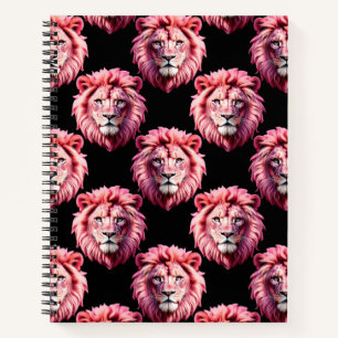 Pink Lion Head Animal Pattern Design - Black  Notebook