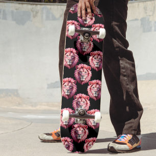 Pink Lion Head Animal Pattern Design - Black  Skateboard