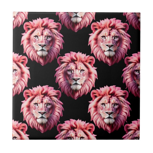 Pink Lion Head Animal Pattern Design - Black  Tile (Front)