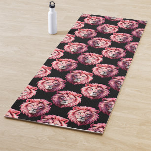 Pink Lion Head Animal Pattern Design - Black Yoga Mat