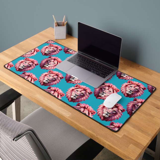 Pink Lion Head Animal Pattern Design Blue  Desk Mat (Creator Uploaded)
