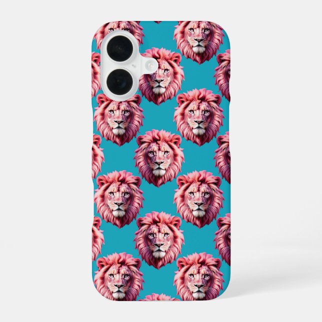 Pink Lion Head Animal Pattern Design Blue  iPhone 16 Case (Back)