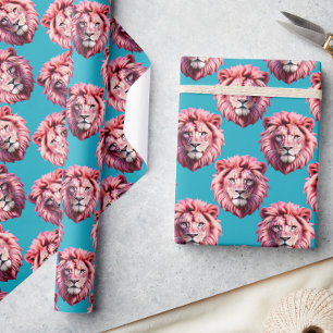 Pink Lion Head Animal Pattern Design Blue Wrapping Paper