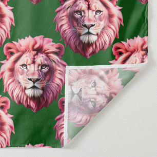 Pink Lion Head Animal Pattern Design Green Fabric