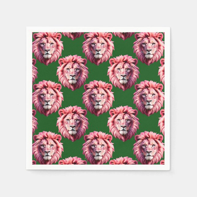 Pink Lion Head Animal Pattern Design Green  Napkin (Front)