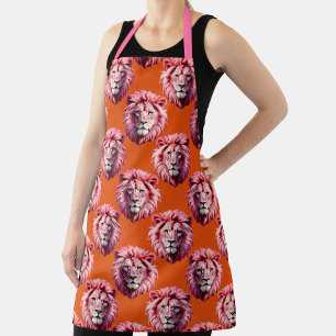 Pink Lion Head Animal Pattern Design Orange Apron