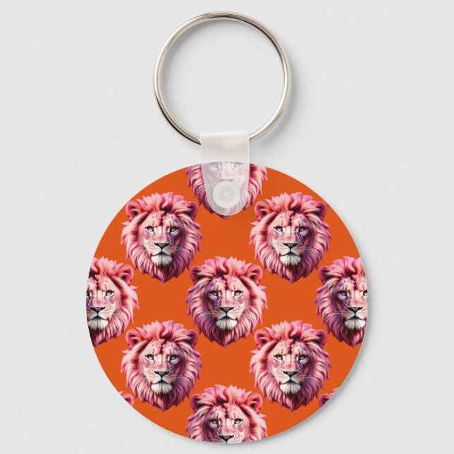 Pink Lion Head Animal Pattern Design Orange  Keychain (Front)