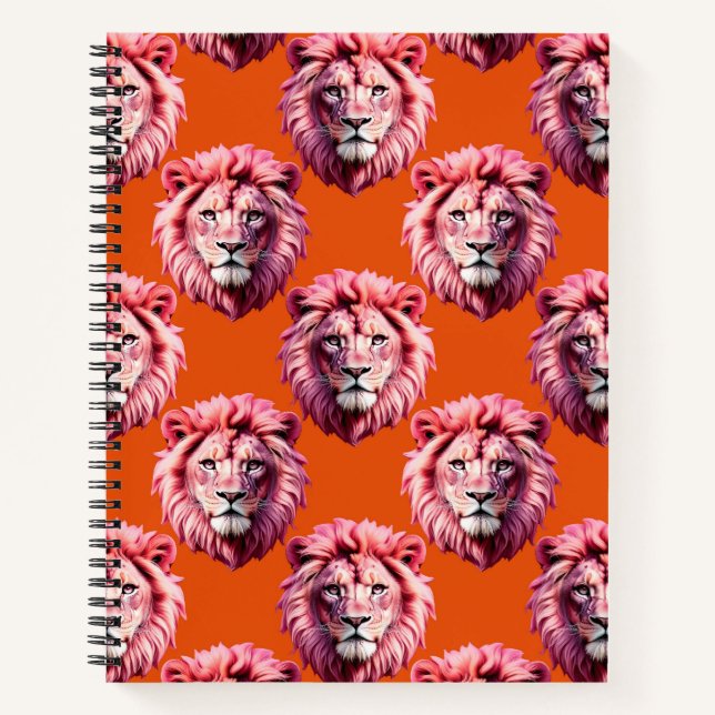 Pink Lion Head Animal Pattern Design Orange  Notebook (Front)