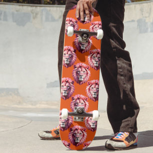 Pink Lion Head Animal Pattern Design Orange  Skateboard