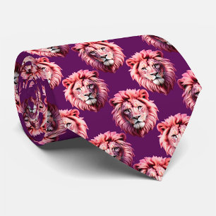 Pink Lion Head Animal Pattern Design Purple Tie