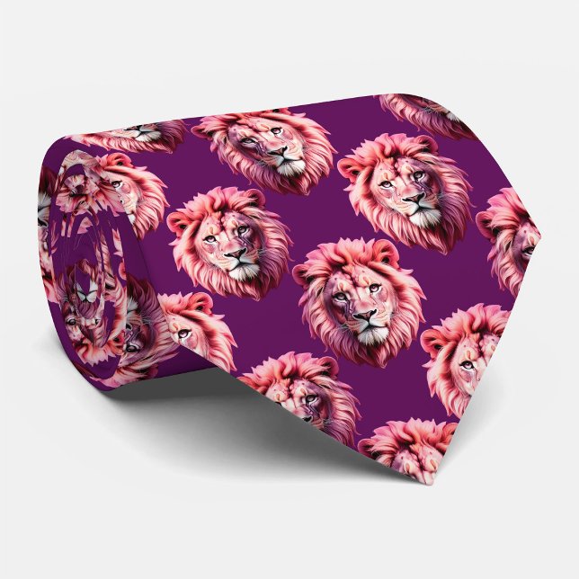 Pink Lion Head Animal Pattern Design Purple  Tie (Creator Uploaded)