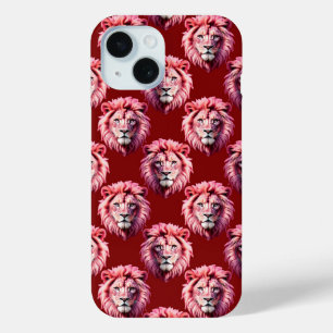 Pink Lion Head Animal Pattern Design Red iPhone 15 Case