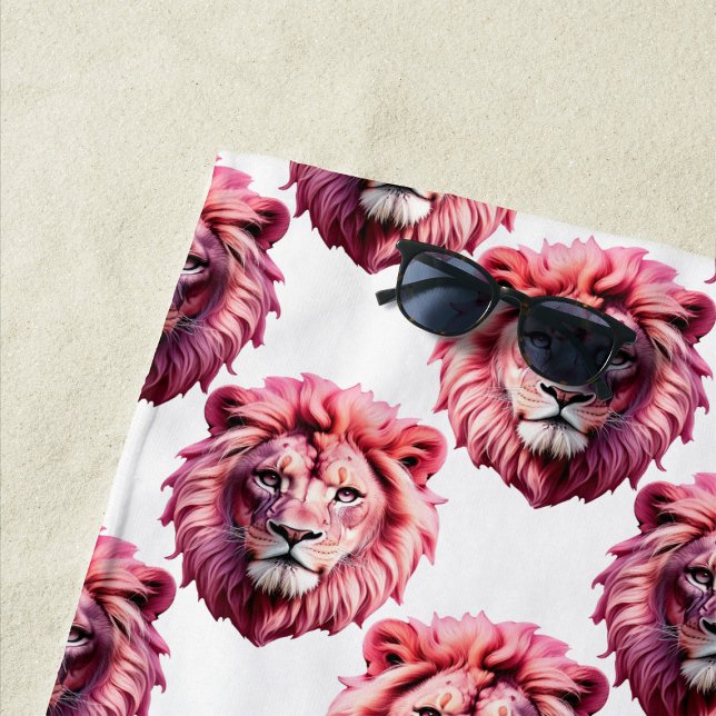 Pink Lion Head Animal Pattern Design White  Beach Towel (Creator Uploaded)
