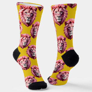 Pink Lion Head Animal Pattern Design Yellow Socks