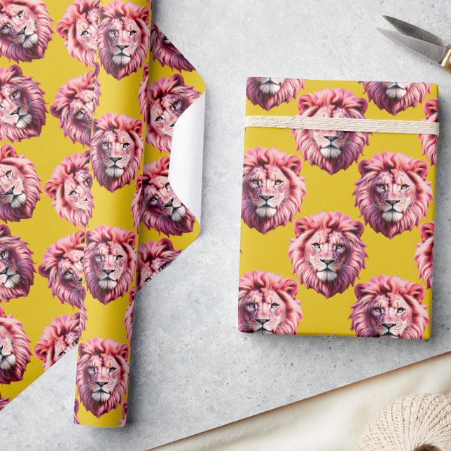 Pink Lion Head Animal Pattern Design Yellow  Wrapping Paper (Creator Uploaded)