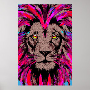 Pink Lion Head - Lion Face Portrait Drawing Poster