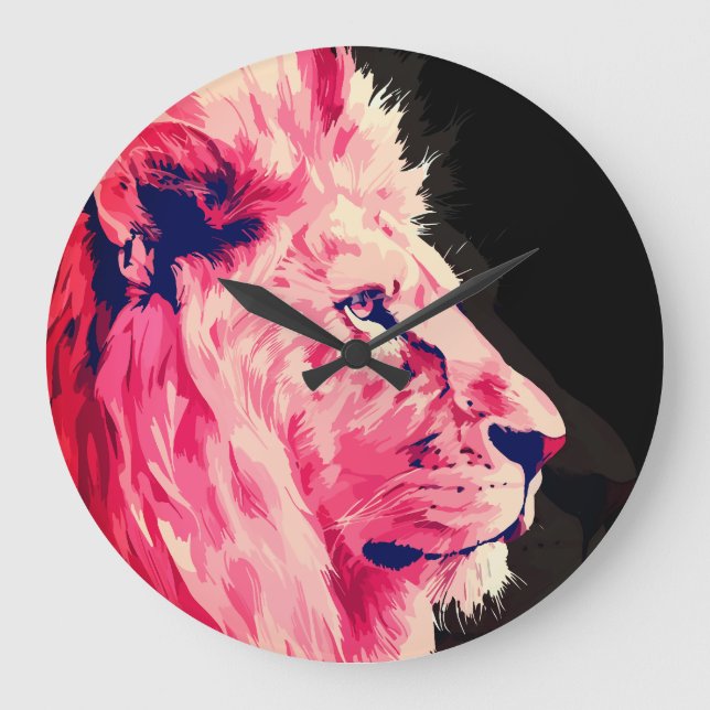 Pink Lion Majesty on Black Canvas Large Clock (Front)