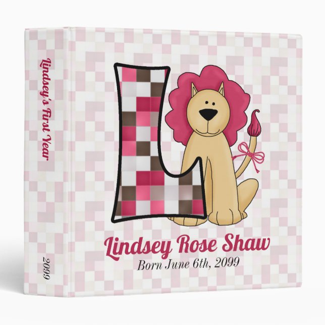 Pink Lion Monogram Letter L Baby Scrapbook Binder (Front/Spine)