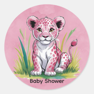 Pink Lion Watercolor Girl Baby Shower Classic Round Sticker