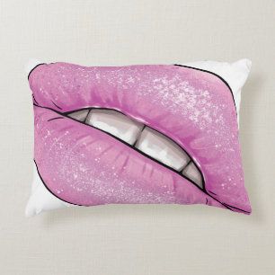 Pink lip colour gloss with teeth accent pillow