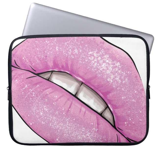 Pink lip colour gloss with teeth laptop sleeve (Front)