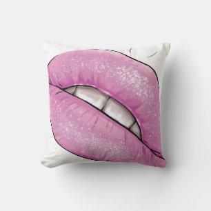 Pink lip colour gloss with teeth throw pillow