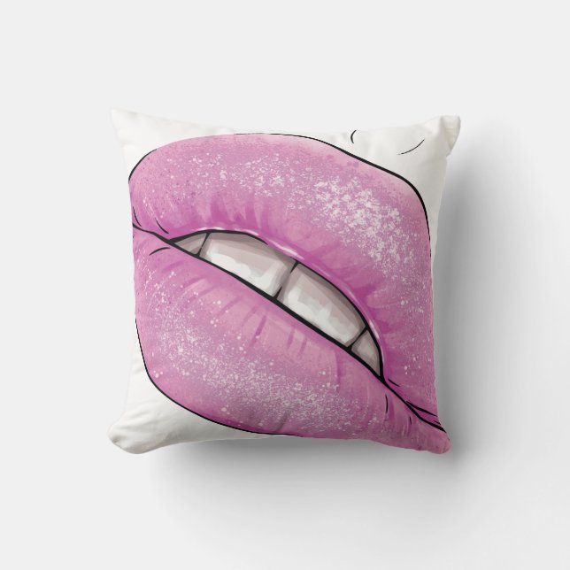 Pink lip colour gloss with teeth throw pillow (Front)