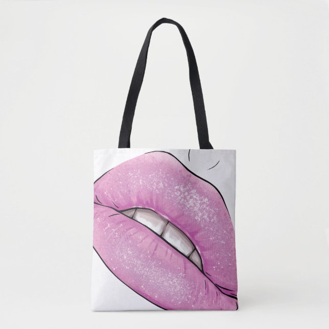Pink lip colour gloss with teeth tote bag (Front)