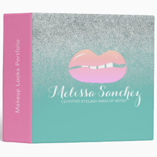 Pink Lip Faux Glitter Makeup Artist Salon Teal Binder