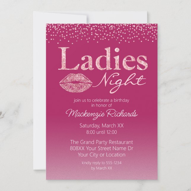Pink Lips and Glamourous Glitter Ladies Night Invitation (Front)