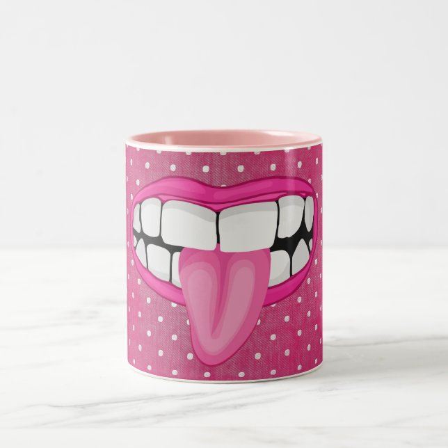 pink lips and tongue polka dot Two-Tone coffee mug (Center)