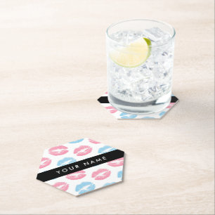 Pink Lips, Blue Lips, Kiss, Your Name, Personalise Paper Coaster