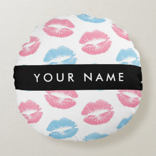 Pink Lips, Blue Lips, Kiss, Your Name, Personalise Round Pillow