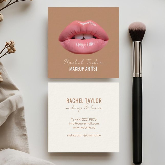 Pink Lips | Coffee Brown Square  Business Card (Creator Uploaded)