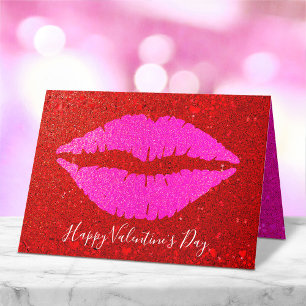 Pink Lips Happy Valentine’s Day Red Glitter Bold Holiday Card