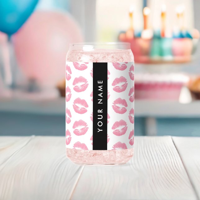 Pink Lips, Kiss, Lipstick, Your Name, Personalise Can Glass (Insitu (Baby Shower))
